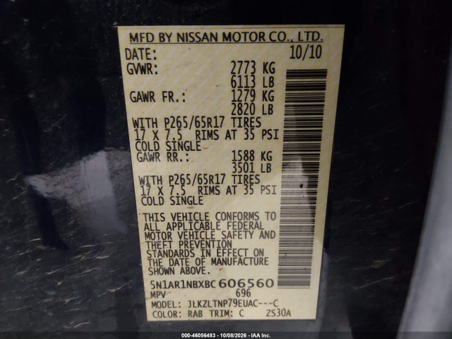 46056483 :رقم المزاد ، 5N1AR1NBXBC606560 vin ، 2011 Nissan Pathfinder Sv مزاد بيع