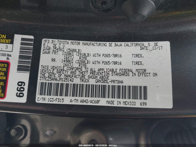 2018 Toyota Tacoma Trd Off Road მანქანა იყიდება აუქციონზე, vin: 3TMCZ5AN6JM125142, აუქციონის ნომერი: 46056519