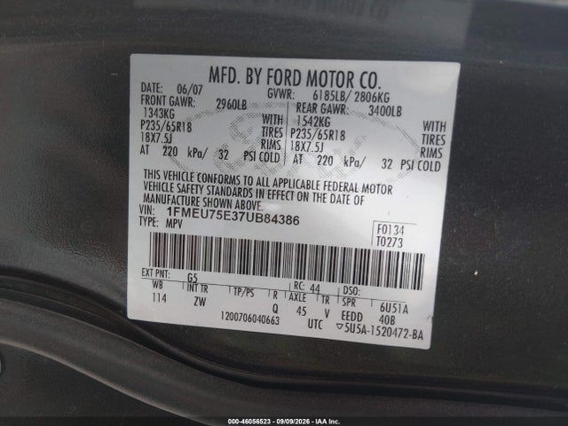 Продаж на аукціоні авто 2007 Ford Explorer Limited, vin: 1FMEU75E37UB84386, номер лоту: 46056523