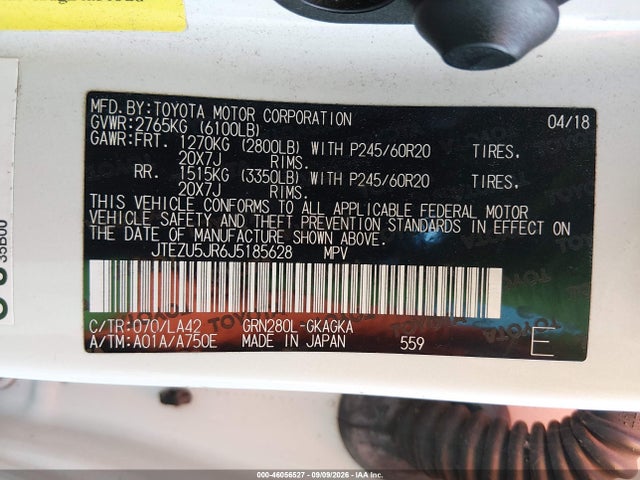 Продажа на аукционе авто 2018 Toyota 4runner Limited, vin: JTEZU5JR6J5185628, номер лота: 46056527