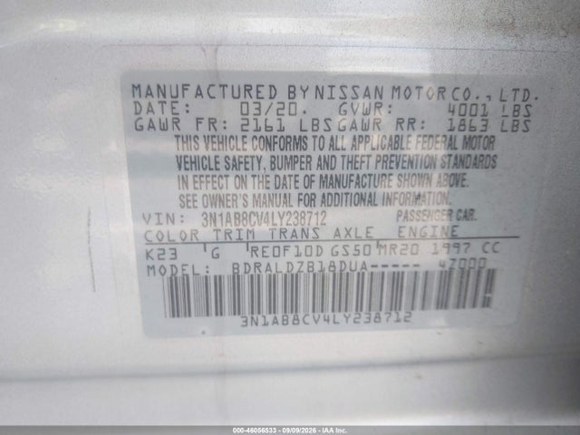 Aukcja sprzedaży 2020 Nissan Sentra Sv Xtronic Cvt, vin: 3N1AB8CV4LY238712, numer aukcji: 46056533