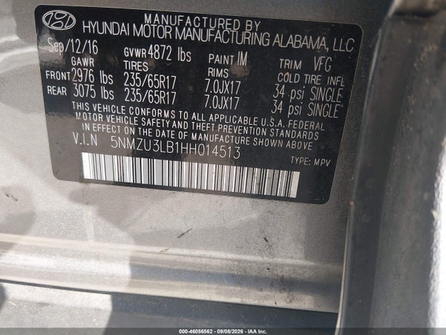 2017 Hyundai Santa Fe Sport 2.4l მანქანა იყიდება აუქციონზე, vin: 5NMZU3LB1HH014513, აუქციონის ნომერი: 46056562