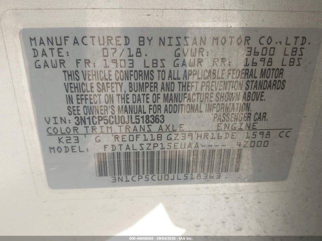2018 Nissan Kicks Sv მანქანა იყიდება აუქციონზე, vin: 3N1CP5CU0JL518363, აუქციონის ნომერი: 46056580