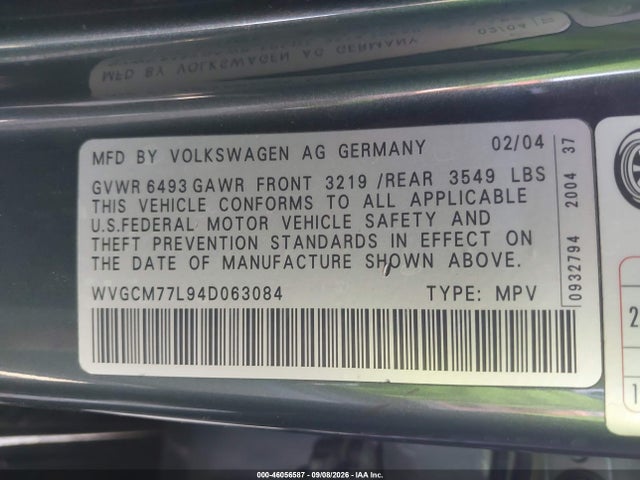 Aukcja sprzedaży 2004 Volkswagen Touareg V8, vin: WVGCM77L94D063084, numer aukcji: 46056587