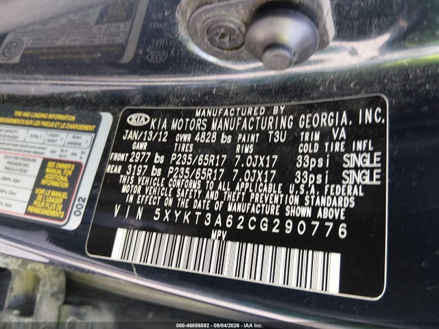 Aukcja sprzedaży 2012 Kia Sorento Lx, vin: 5XYKT3A62CG290776, numer aukcji: 46056592