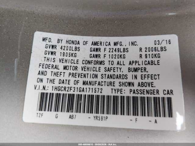 Продажа на аукционе авто 2016 Honda Accord Lx, vin: 1HGCR2F31GA171572, номер лота: 46056610