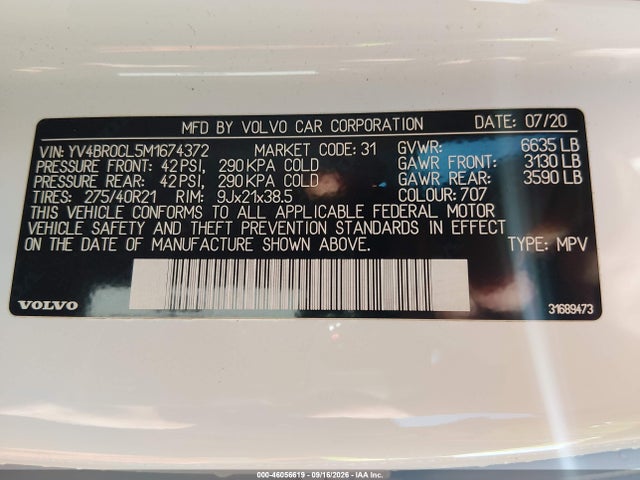 Продаж на аукціоні авто 2021 Volvo Xc90 Recharge Plug-in Hybrid T8 Inscription 7 Passenger, vin: YV4BR0CL5M1674372, номер лоту: 46056619
