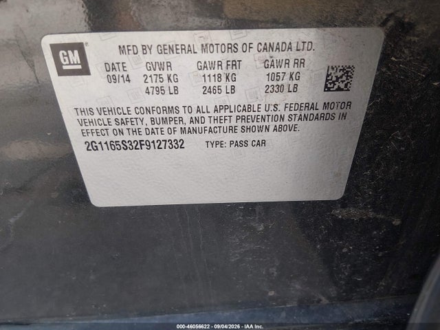 46056622 :رقم المزاد ، 2G1165S32F9127332 vin ، 2015 Chevrolet Impala 2lz مزاد بيع