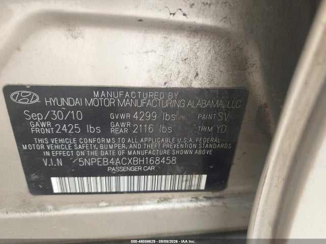Aukcja sprzedaży 2011 Hyundai Sonata Gls, vin: 5NPEB4ACXBH168458, numer aukcji: 46056629