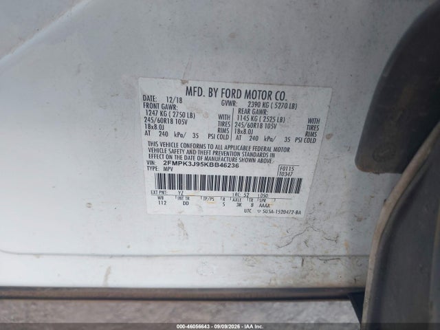 46056643 :رقم المزاد ، 2FMPK3J95KBB46236 vin ، 2019 Ford Edge Sel مزاد بيع