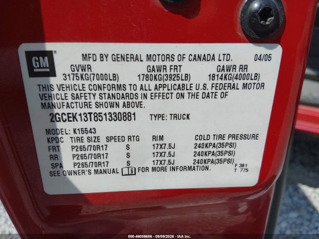 Продажа на аукционе авто 2005 Chevrolet Silverado 1500 Z71, vin: 2GCEK13T851330881, номер лота: 46056686