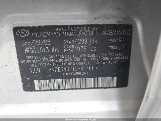 Aukcja sprzedaży 2009 Hyundai Sonata Gls, vin: 5NPET46C19H414667, numer aukcji: 46056689