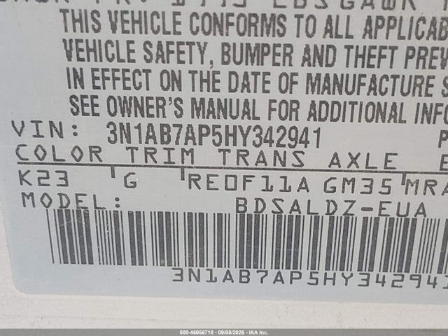 46056718 :رقم المزاد ، 3N1AB7AP5HY342941 vin ، 2017 Nissan Sentra Sv مزاد بيع