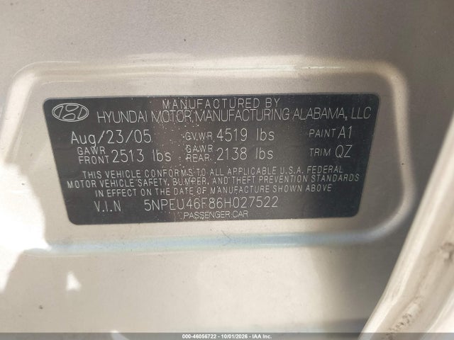 Aukcja sprzedaży 2006 Hyundai Sonata Gls V6/lx V6, vin: 5NPEU46F86H027522, numer aukcji: 46056722