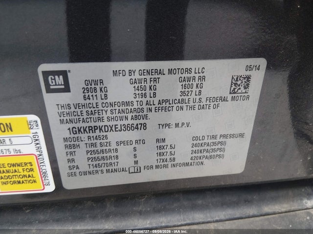 2014 Gmc Acadia Sle-2 მანქანა იყიდება აუქციონზე, vin: 1GKKRPKDXEJ366478, აუქციონის ნომერი: 46056727
