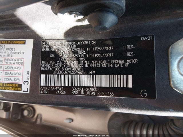 Aukcja sprzedaży 2022 Toyota 4runner Sr5, vin: JTEEU5JR7N5254962, numer aukcji: 46056752