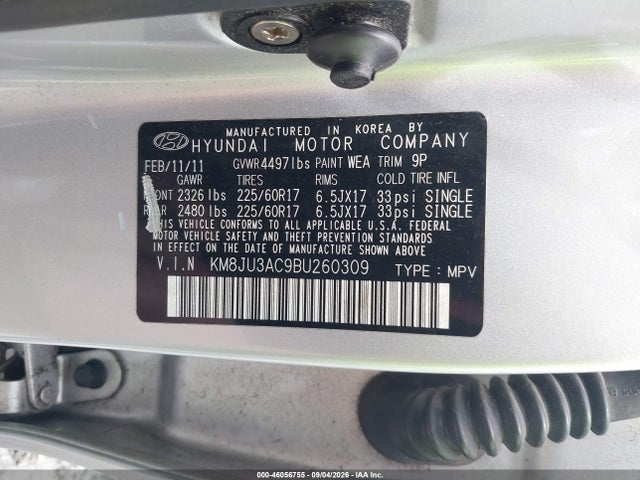 46056755 :رقم المزاد ، KM8JU3AC9BU260309 vin ، 2011 Hyundai Tucson Gls مزاد بيع