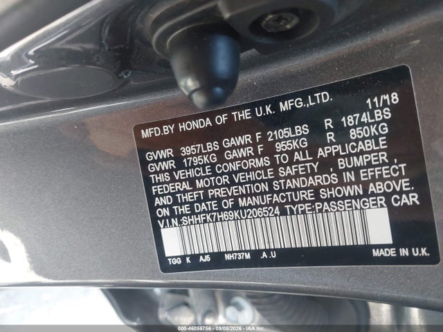Продажа на аукционе авто 2019 Honda Civic Ex, vin: SHHFK7H69KU206524, номер лота: 46056756