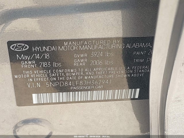 2018 Hyundai Elantra Sel მანქანა იყიდება აუქციონზე, vin: 5NPD84LF8JH362941, აუქციონის ნომერი: 46056770