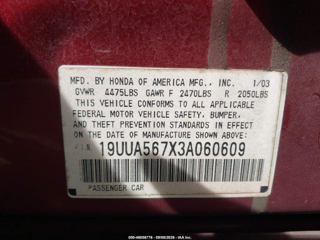 46056776 :رقم المزاد ، 19UUA567X3A060609 vin ، 2003 Acura Tl 3.2 مزاد بيع