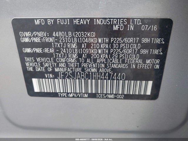 46056777 :رقم المزاد ، JF2SJABC1HH447440 vin ، 2017 Subaru Forester 2.5i مزاد بيع