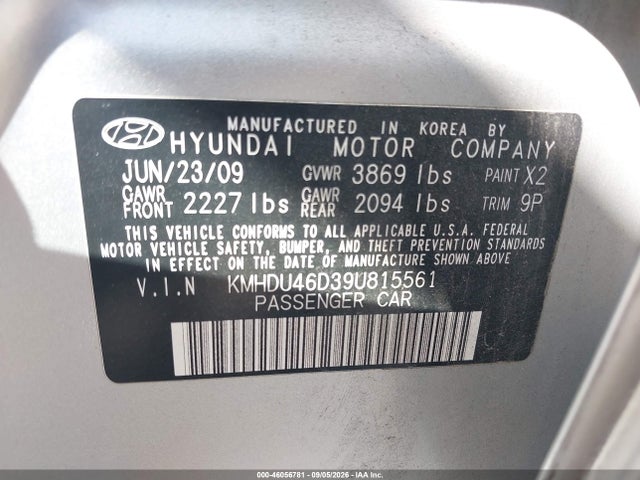 Aukcja sprzedaży 2009 Hyundai Elantra Se, vin: KMHDU46D39U815561, numer aukcji: 46056781