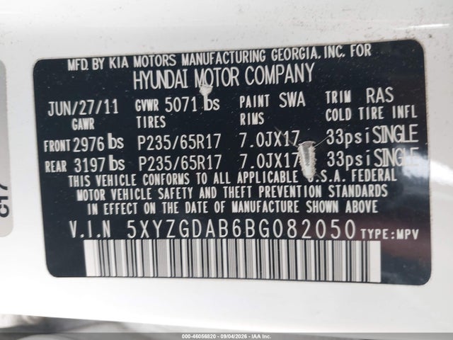 2011 Hyundai Santa Fe Gls მანქანა იყიდება აუქციონზე, vin: 5XYZGDAB6BG082050, აუქციონის ნომერი: 46056820
