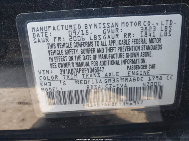 Продаж на аукціоні авто 2015 Nissan Sentra S, vin: 3N1AB7AP8FY346947, номер лоту: 46056838
