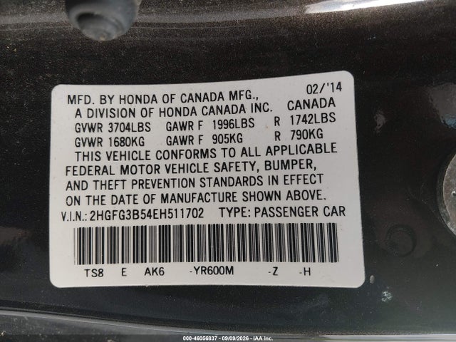 46056837 :رقم المزاد ، 2HGFG3B54EH511702 vin ، 2014 Honda Civic Lx مزاد بيع