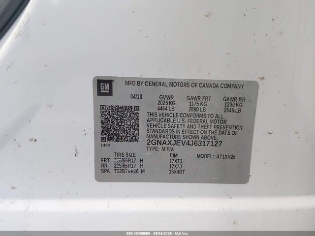 46056860 :رقم المزاد ، 2GNAXJEV4J6317127 vin ، 2018 Chevrolet Equinox Lt مزاد بيع