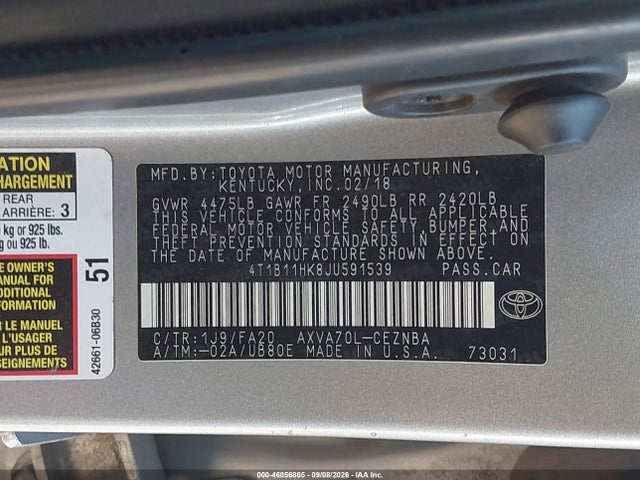 2018 Toyota Camry Le მანქანა იყიდება აუქციონზე, vin: 4T1B11HK8JU591539, აუქციონის ნომერი: 46056865