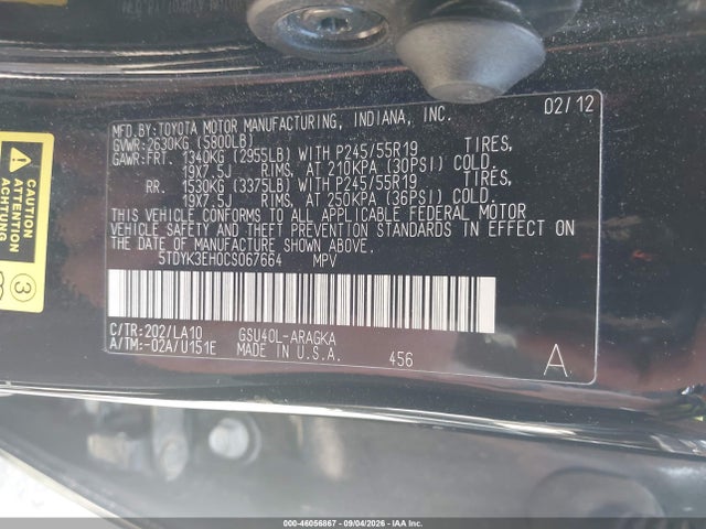 Aukcja sprzedaży 2012 Toyota Highlander Limited V6, vin: 5TDYK3EH0CS067664, numer aukcji: 46056867