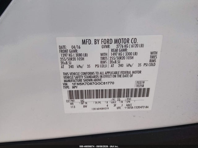 2016 Ford Explorer Xlt მანქანა იყიდება აუქციონზე, vin: 1FM5K7D87GGC81770, აუქციონის ნომერი: 46056874
