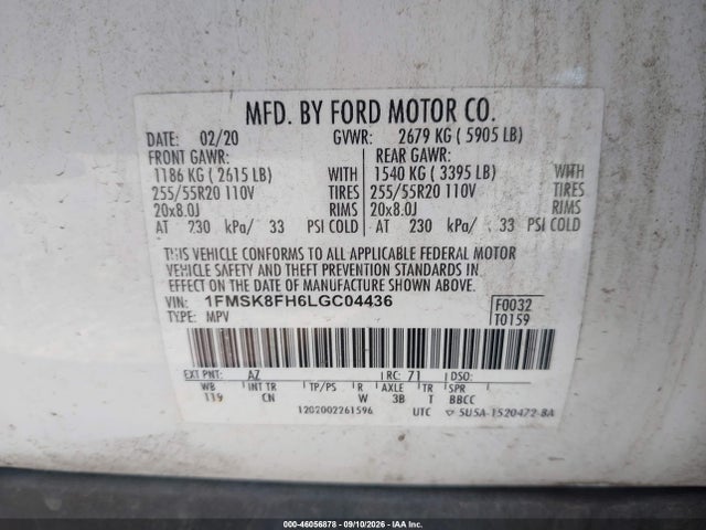 46056878 :رقم المزاد ، 1FMSK8FH6LGC04436 vin ، 2020 Ford Explorer Limited مزاد بيع