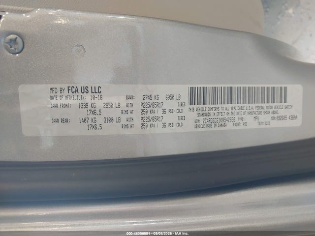 46056881 :رقم المزاد ، 2C4RDGCG1KR542830 vin ، 2019 Dodge Grand Caravan Sxt مزاد بيع