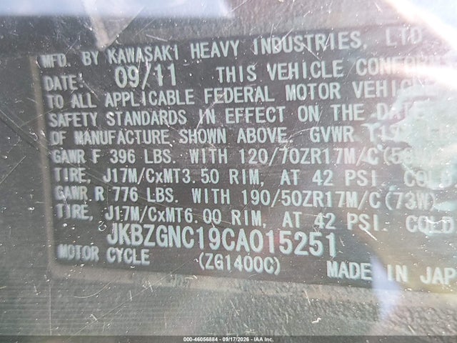 Aukcja sprzedaży 2012 Kawasaki Zg1400 C, vin: JKBZGNC19CA015251, numer aukcji: 46056884
