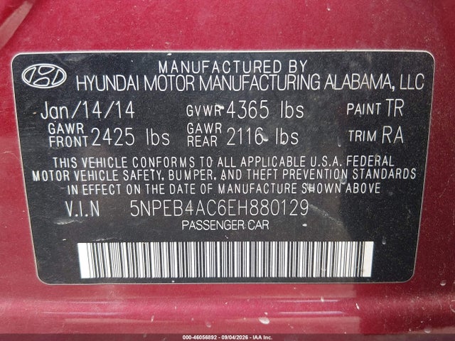 Aukcja sprzedaży 2014 Hyundai Sonata Gls, vin: 5NPEB4AC6EH880129, numer aukcji: 46056892