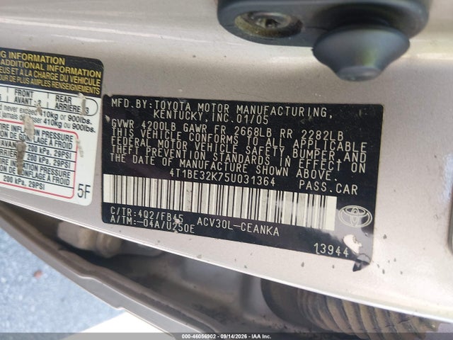 46056902 :رقم المزاد ، 4T1BE32K75U031364 vin ، 2005 Toyota Camry Le مزاد بيع