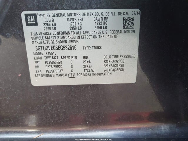 Auction sale of the 2014 Gmc Sierra 1500 Slt, vin: 3GTU2VEC3EG532616, lot number: 46056905