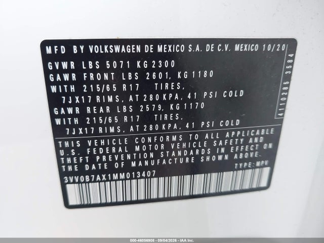 Aukcja sprzedaży 2021 Volkswagen Tiguan 2.0t S, vin: 3VV0B7AX1MM013407, numer aukcji: 46056908