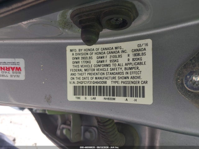 46056920 :رقم المزاد ، 2HGFC1F31GH643098 vin ، 2016 Honda Civic Ex-t مزاد بيع