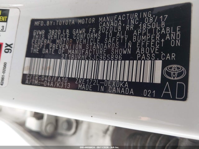 Aukcja sprzedaży 2018 Toyota Corolla L, vin: 2T1BURHE5JC965896, numer aukcji: 46056924