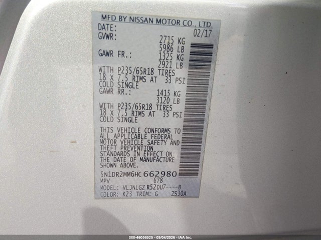2017 Nissan Pathfinder Sl მანქანა იყიდება აუქციონზე, vin: 5N1DR2MM6HC662980, აუქციონის ნომერი: 46056925