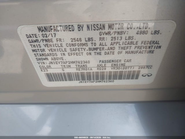 Aukcja sprzedaży 2017 Infiniti Q50 3.0t Signature Edition, vin: JN1EV7AP2HM742340, numer aukcji: 46056928