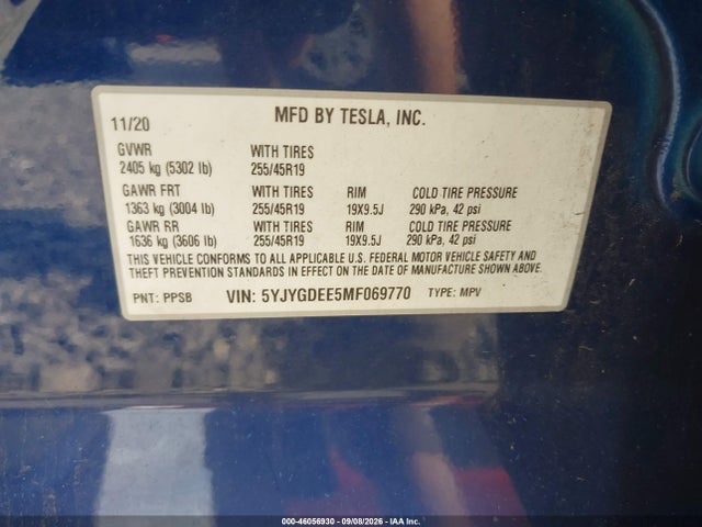 Продаж на аукціоні авто 2021 Tesla Model Y Long Range Dual Motor All-wheel Drive, vin: 5YJYGDEE5MF069770, номер лоту: 46056930