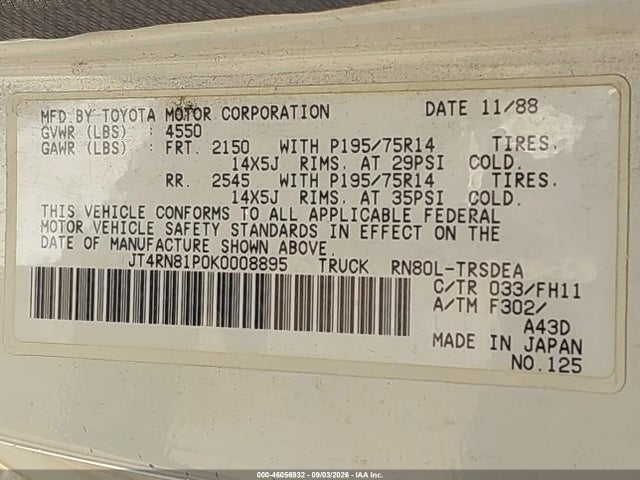 46056932 :رقم المزاد ، JT4RN81P0K0008895 vin ، 1989 Toyota Pickup 1/2 Ton Sht Wheelbase Dlx مزاد بيع
