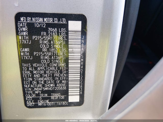 2013 Nissan Juke Sl მანქანა იყიდება აუქციონზე, vin: JN8AF5MR4DT205838, აუქციონის ნომერი: 46056943