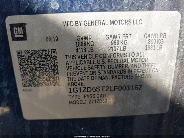 46056962 :رقم المزاد ، 1G1ZD5ST2LF003167 vin ، 2020 Chevrolet Malibu Fwd Lt مزاد بيع