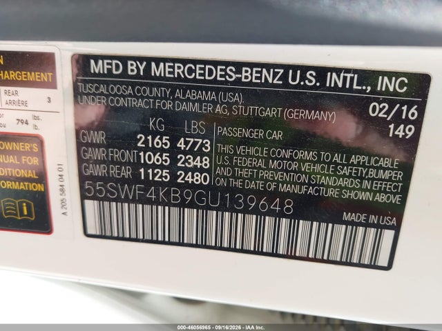 46056965 :رقم المزاد ، 55SWF4KB9GU139648 vin ، 2016 Mercedes-benz C 300 4matic مزاد بيع