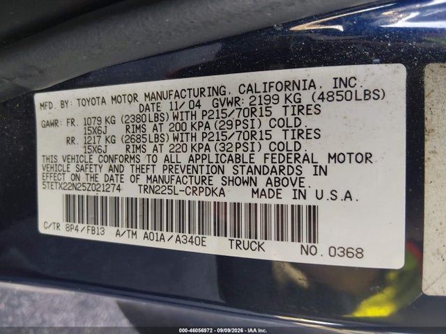 2005 Toyota Tacoma მანქანა იყიდება აუქციონზე, vin: 5TETX22N25Z021274, აუქციონის ნომერი: 46056972